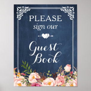 Panneau Floral bleu Chalkboard Notre livre d'or