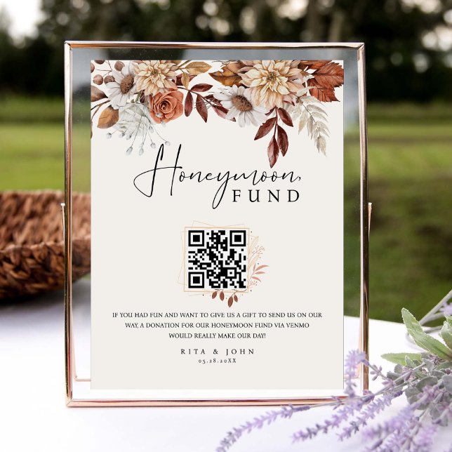 Panneau Mariage du Cream Boho Honeymoon Fund QR Co (Créateur téléchargé)