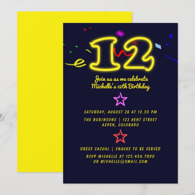 Panneau Neon Douzième Anniversaire Fête Invitation (Devant / Derrière)