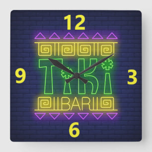 Panneau Tiki Bar Neon Carré Horloge murale