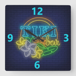 Panneau Tiki Bar Neon Carré Horloge murale