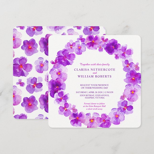 Panseuse violette aquarelle fleurs invitations mar (Devant / Derrière)