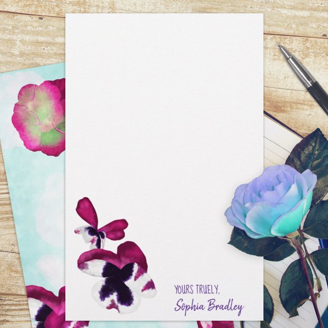 Pansies d'automne, Aqua, Rose, Purple Stationnaire (violet plum purple pansies turquoise budget personalized letter writing stationary paper sheets)