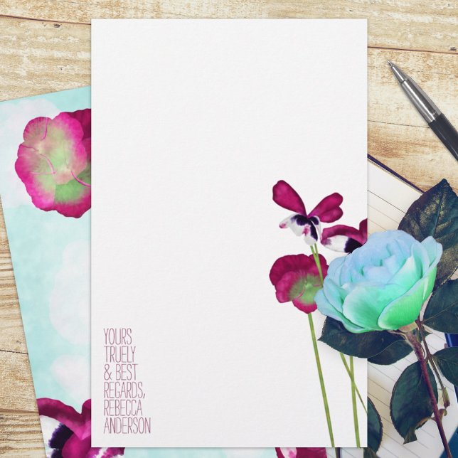 Pansies d'automne, Aqua, Rose, Violet Stationnaire (violet pink magenta pansy pansies floral budget personalized letter writing stationary paper sheets)