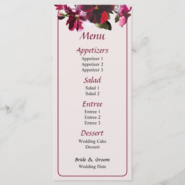 Pansies rose et magenta Menu Mariage (Devant)