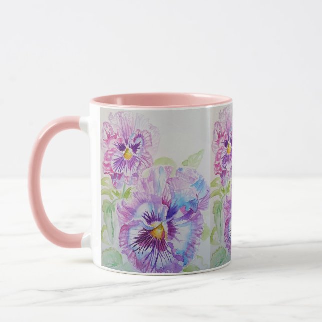 Pansies violettes Aquarelle Peinture Mug rose (Gauche)