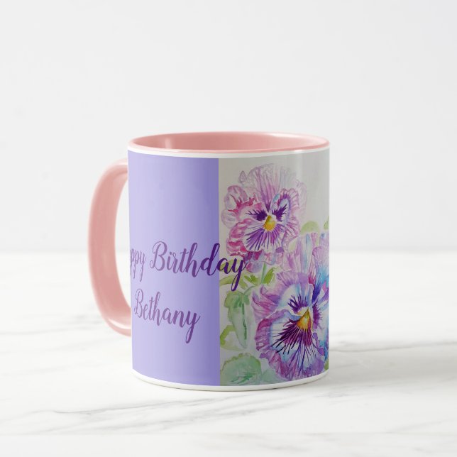 Pansies violettes Aquarelle Peinture Mug rose (Devant gauche)