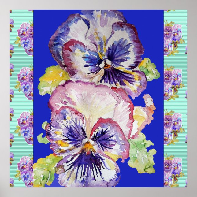Pansy Aquarelle Fleur Peinture Marine bleu Poster (Devant)