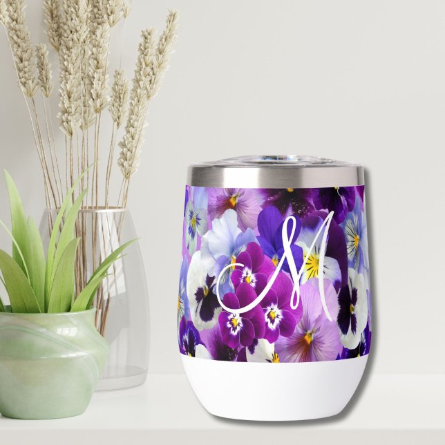 Pansy Floral Fleurs Violet Bleu Blanc Monogramme  (Purple White Blue pansy wine tumbler. Floral flowers design with a white monogram initial.)