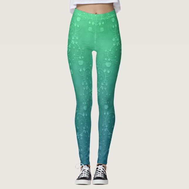 Pantalon leggings vibrant vert turquoise damassé d (Devant)
