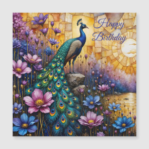 Paon dans un paysage floral, aimant d'anniversaire