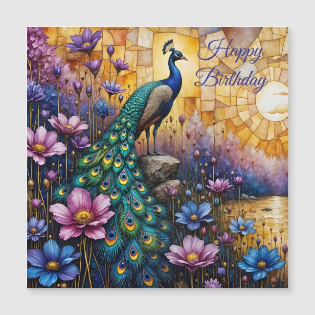 Paon dans un paysage floral, aimant d'anniversaire (Devant)