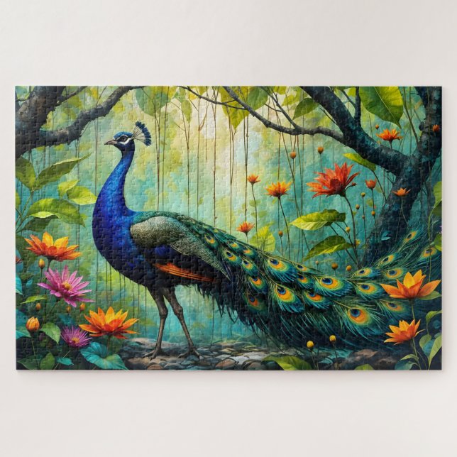Paon dans un puzzle de jungle florale (Horizontal)