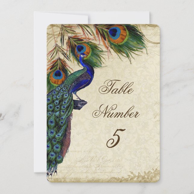 Paon & Plumes Numéro de Table Mariage Formel 5 (Devant)