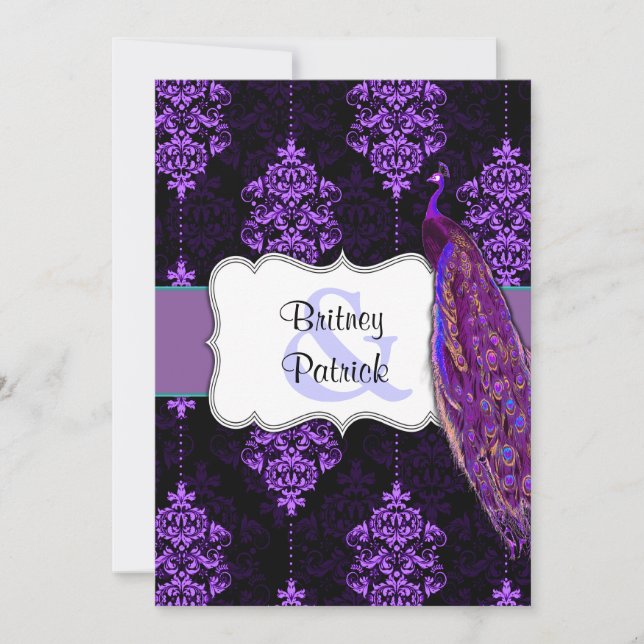 Paon pourpre et invitations noires de mariage (Devant)