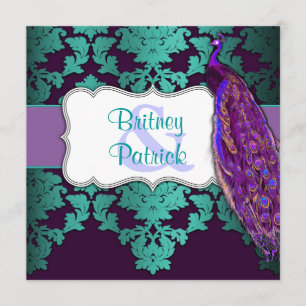 Paon pourpre et invitations turquoises de mariage