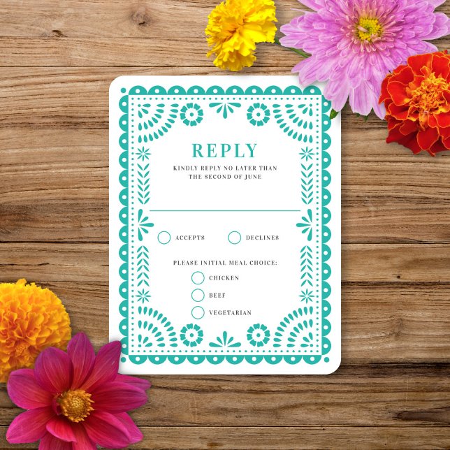 Papel Picado Aqua | Carte RSVP de réponse Mariage (Créateur téléchargé)