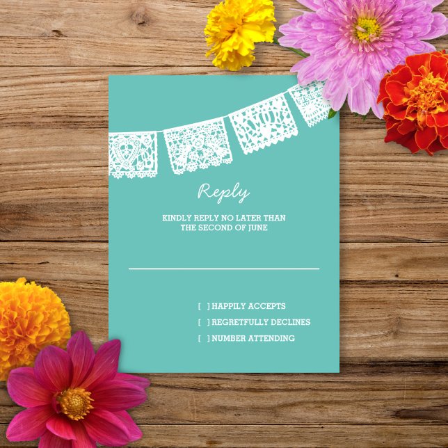 Papel Picado Aqua | Carte RSVP de réponse Mariage (Créateur téléchargé)