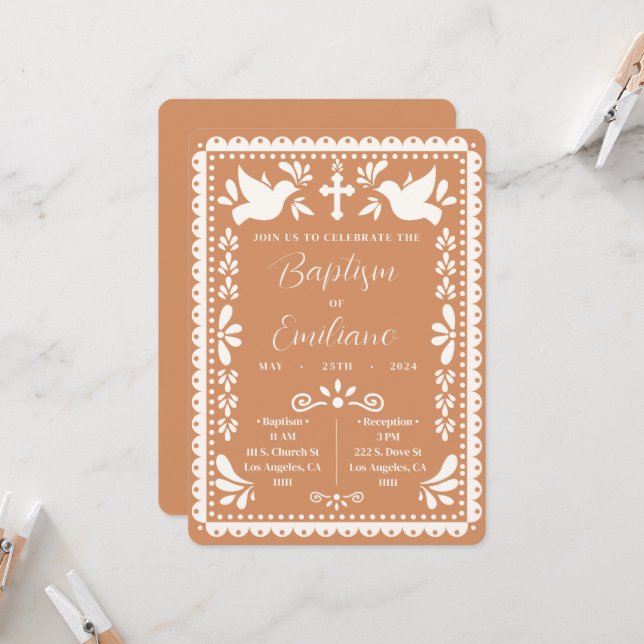 Papel Picado Baptême Parti Mexicain Invitation (Devant/Arrière en situation)