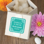 Papel Picado Bright Aqua Wedding Favor Sticker<br><div class="desc">Cet autocollant coloré de faveur de mariage présente un cadre d'inspiration picado papel en blanc sur un arrière - plan bleu aqua. La typographie est simple mais élégante. Toutes les couleurs de cette conception sont personnalisables à l'aide de l'outil d'édition. Consultez la collection pour la coordination des articles !</div>