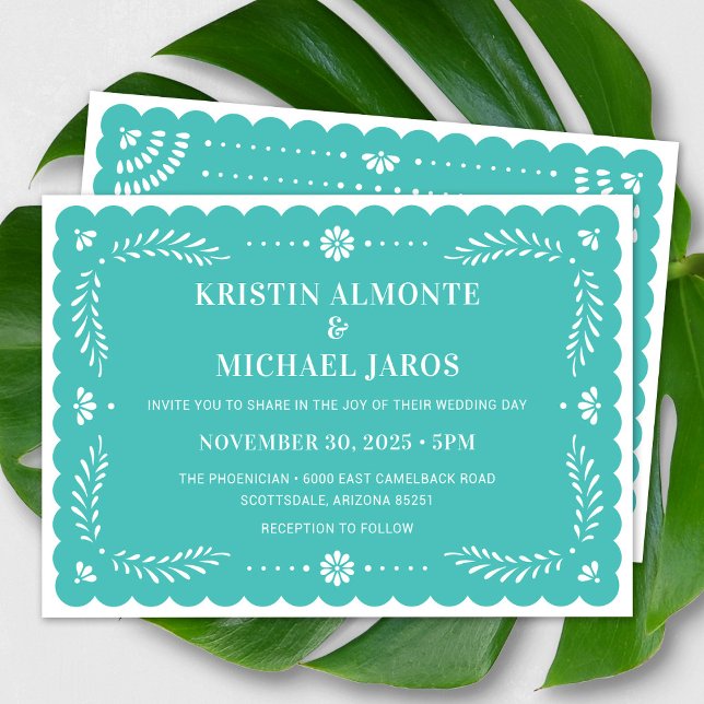 Papel Picado Faire-part de mariage mexicaine moder (Modern Papel Picado Wedding Invitation In Turquoise)