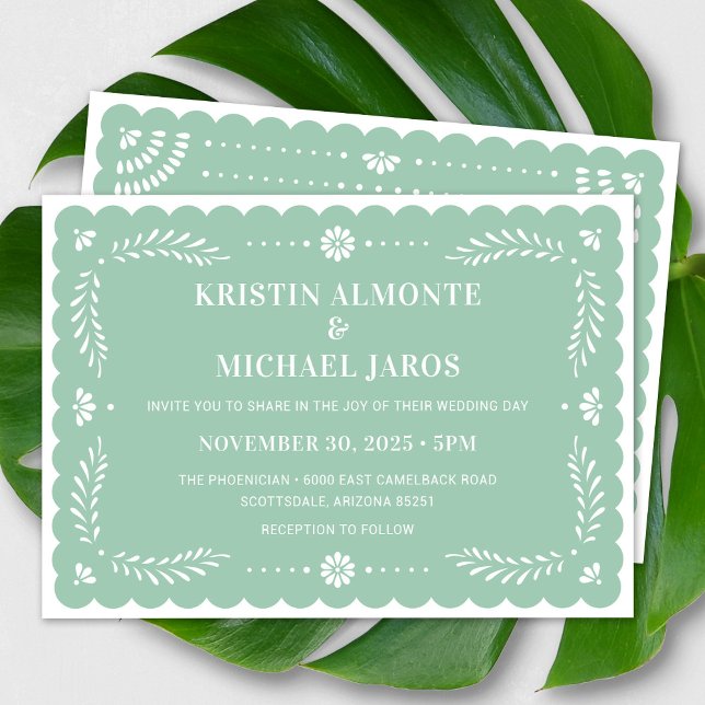 Papel Picado Faire-part de mariage mexicaine moder (Modern Papel Picado Wedding Invitation In Mint)