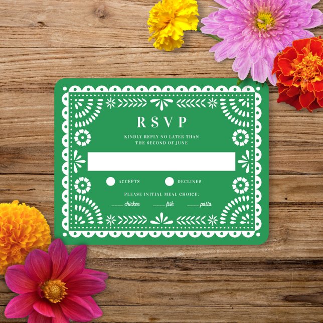 Papel Picado Green | Carte RSVP de réponse Mariage (Créateur téléchargé)