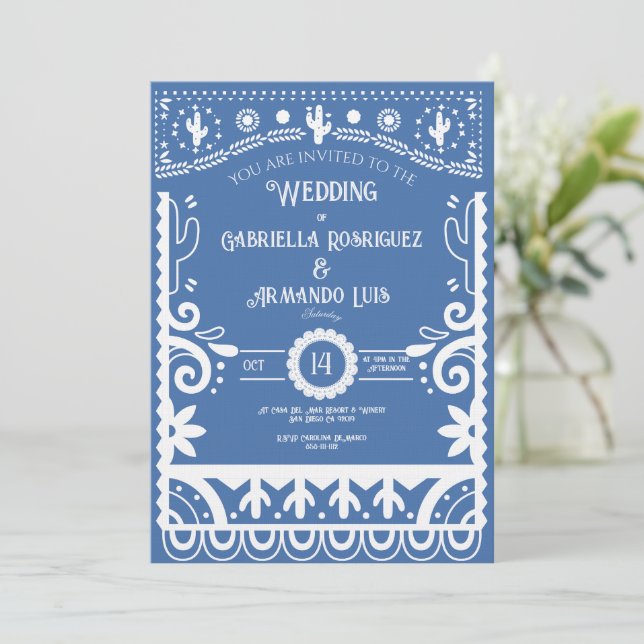 Papel Picado Light Blue & White Wedding Invitation (Debout devant)