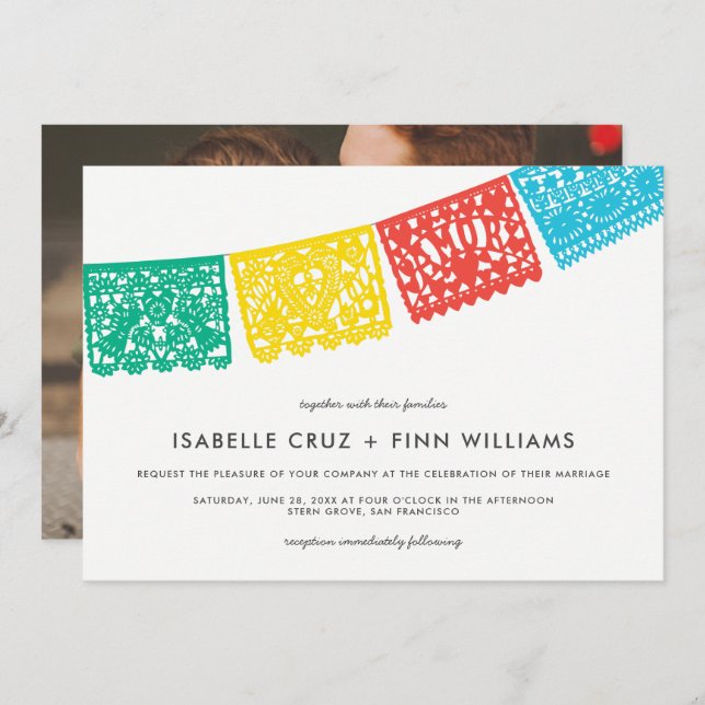 Papel Picado moderne | FAIRE-PART DE MARIAGE (Devant / Derrière)