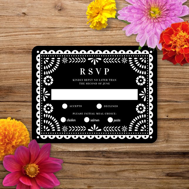 Papel Picado noir | Carte RSVP de réponse Mariage (Créateur téléchargé)