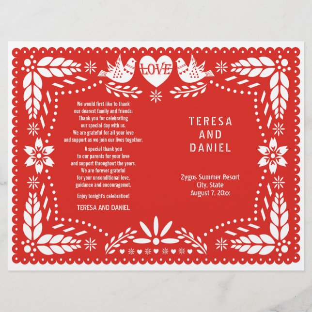Papel Picado rouge mariage fiesta programme plié (Devant)