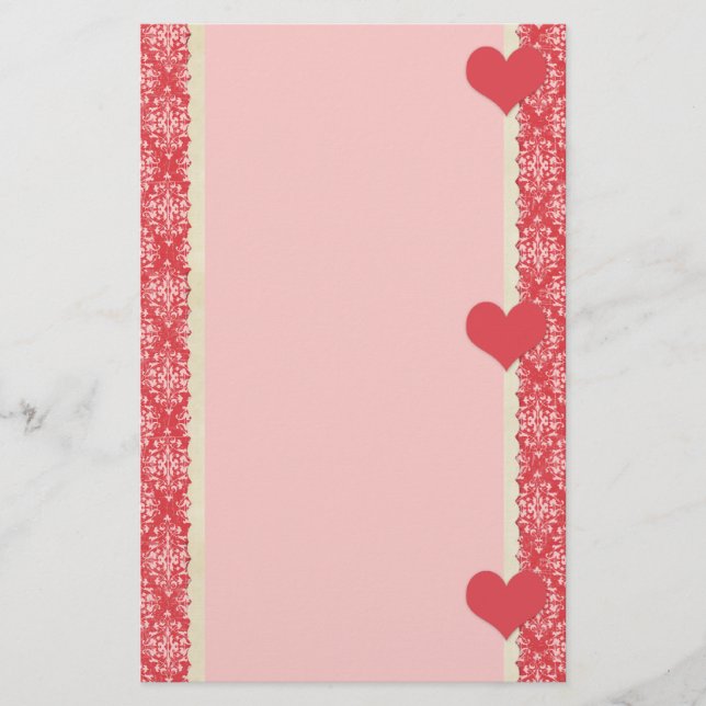 Papeterie à cadre de coeur rouge et Damask (Devant)