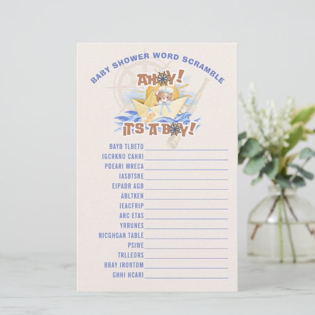 Papeterie Ahoy ! Baby Boy Shower Word Scramble Game Card (Debout devant)