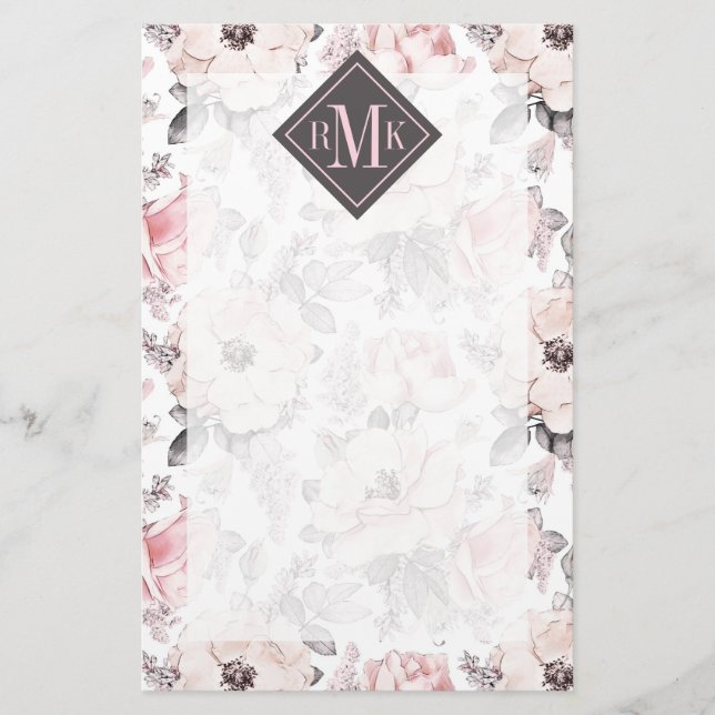 Papeterie Ajouter votre monogramme| Motif rose et gris class (Devant)