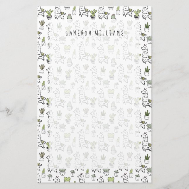 Papeterie Ajouter votre nom| Cute Alpaca & Cactus Motif (Devant)