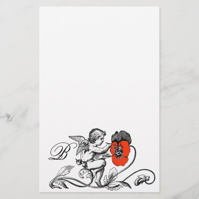 PAPETERIE ANGE PEINTURE D'UN MONOGRAMME À FLEURS ROUGES (Devant)