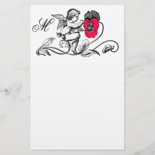 PAPETERIE ANGE PEINTURE D'UN MONOGRAMME DE FLEURS ROSES