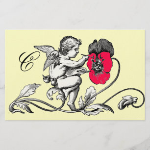 PAPETERIE ANGE PEINTURE FLEUR ROSE MONOGRAMME
