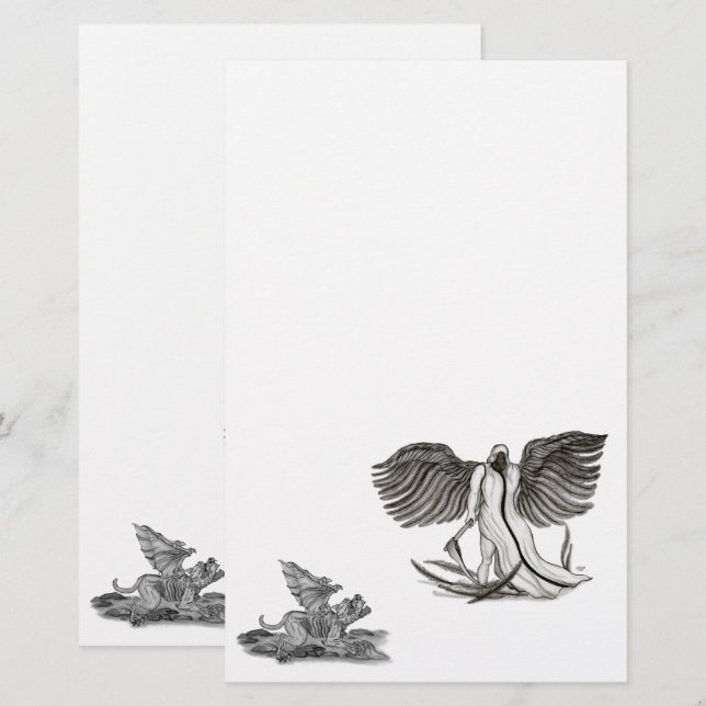 Papeterie Angel Uriel avec Golem, Design noir et blanc (Devant / Derrière)