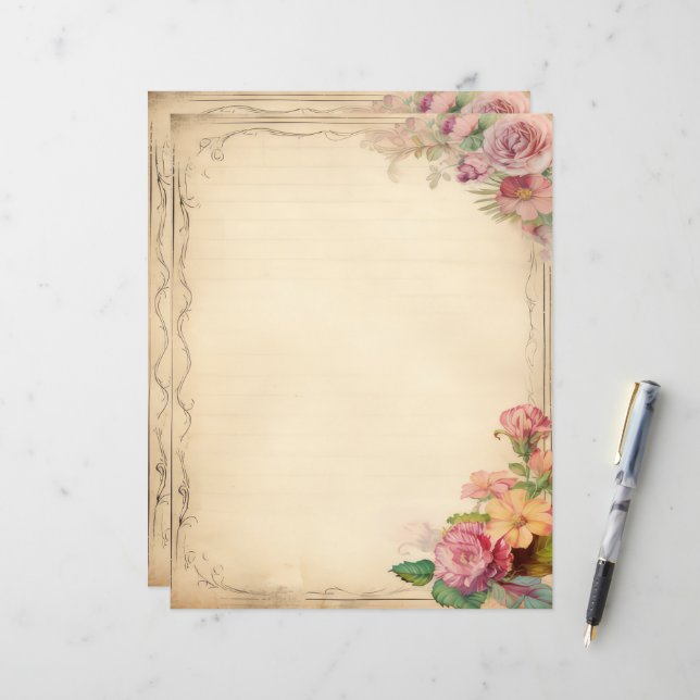 Papeterie Antique Journal Floral Jaune Rose Corbei (Devant/Arrière en situation)