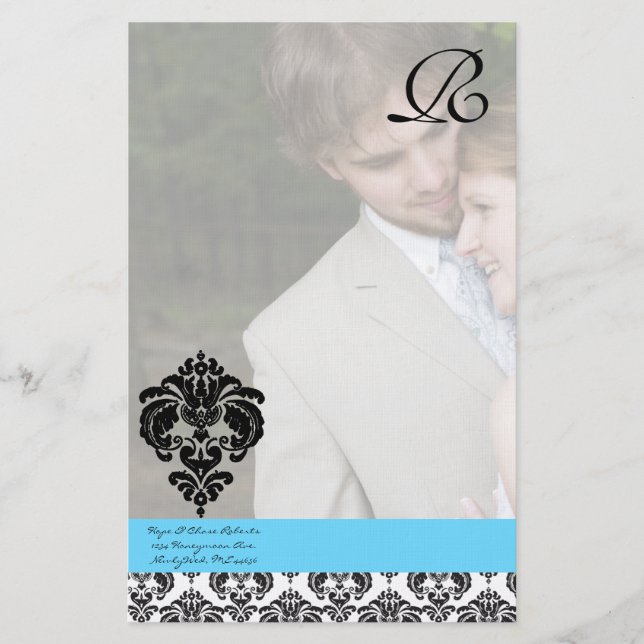 Papeterie Aqua Blue Damask Monogram Mariage (Devant)