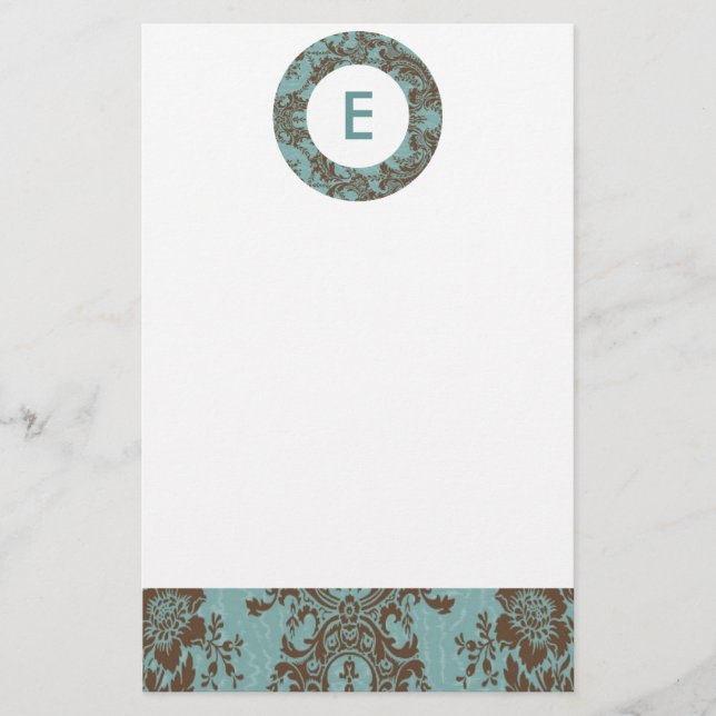 Papeterie Aqua Brown Damask Monogramme personnalisable (Devant)