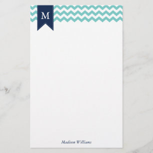 Papeterie Aqua Chevrons Motif et Monogramme bleu