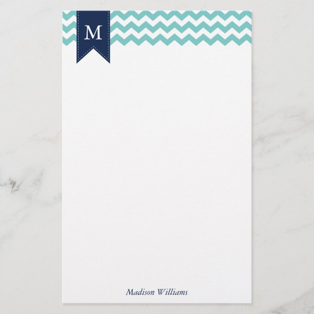Papeterie Aqua Chevrons Motif et Monogramme bleu (Devant)