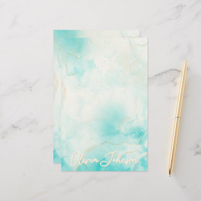 Papeterie Aqua Gold moderne Encre d'alcool Art Aquarelle Océ (Devant/Arrière en situation)