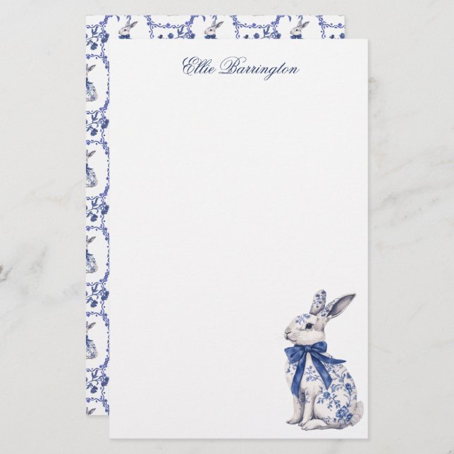Papeterie Aquarelle Bleu et blanc Chinoiserie Lapin Rabbit (Devant / Derrière)