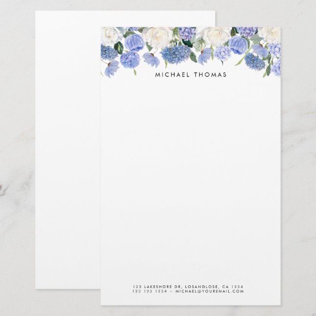 Papeterie Aquarelle Bleu Hydrangées & Roses Blanches Floral (Devant / Derrière)