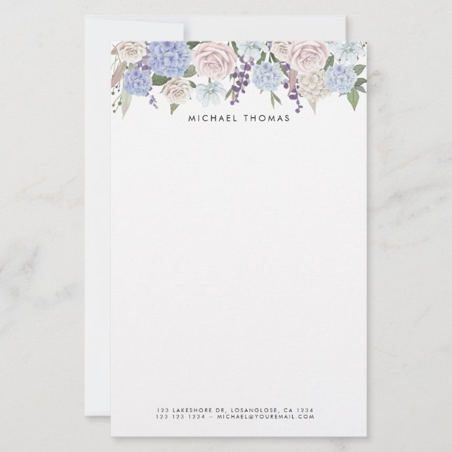 Papeterie Aquarelle Bleu Hydrangées & Roses Blanches Floral (Devant)