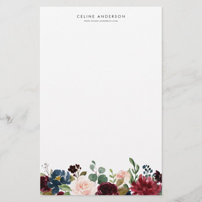 Papeterie Aquarelle Bourgogne et marine Fleurs bleues Garlan (Devant)