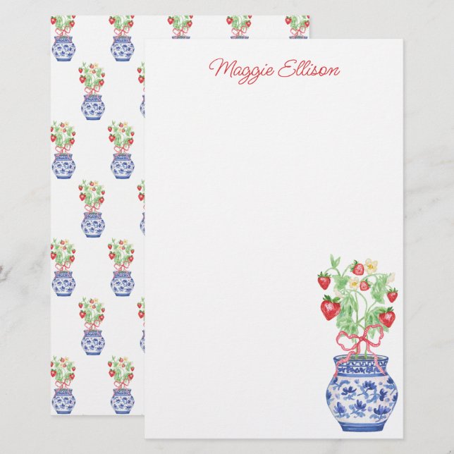 Papeterie Aquarelle Chinoiserie Vase de fraises rouges (Devant / Derrière)